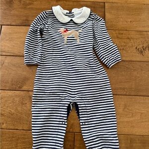 Little English Navy & White Striped Baby One-Piece with Dog Applique